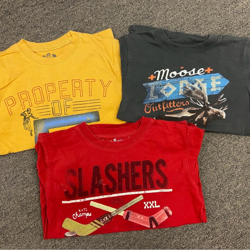3 Wes & Willy cotton long sleeve tshirts - football, hockey, camping!